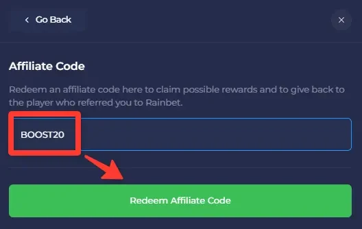 Rainbet Affiliate Code panel with BOOST20 typed into the code field and a green Redeem Affiliate Code button below it