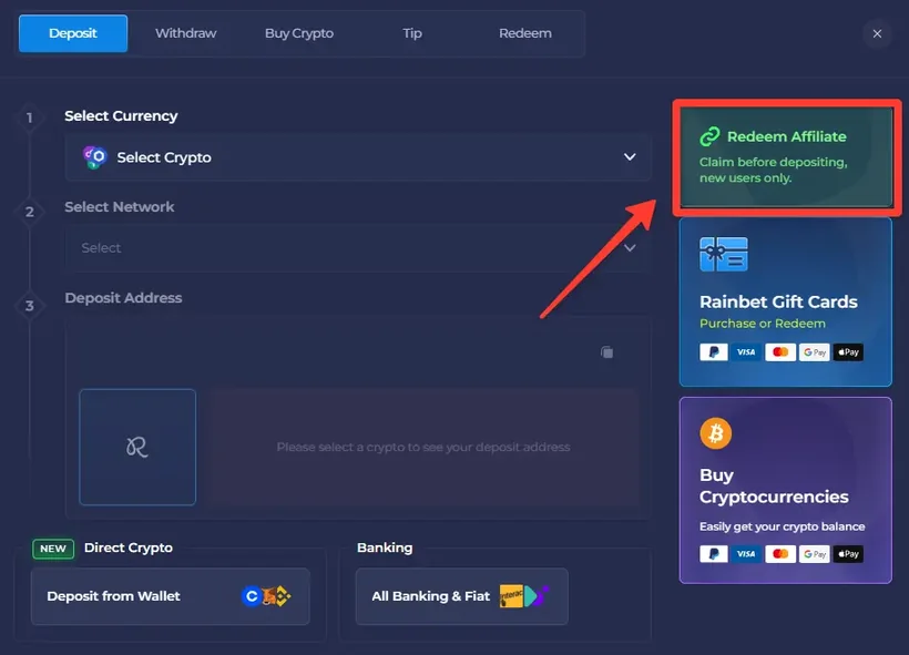 Rainbet Deposit section with tabs for Deposit, Withdraw, Buy Crypto, Tip and Redeem, and the Redeem Affiliate card highlighted on the right, noting claim before depositing for new users