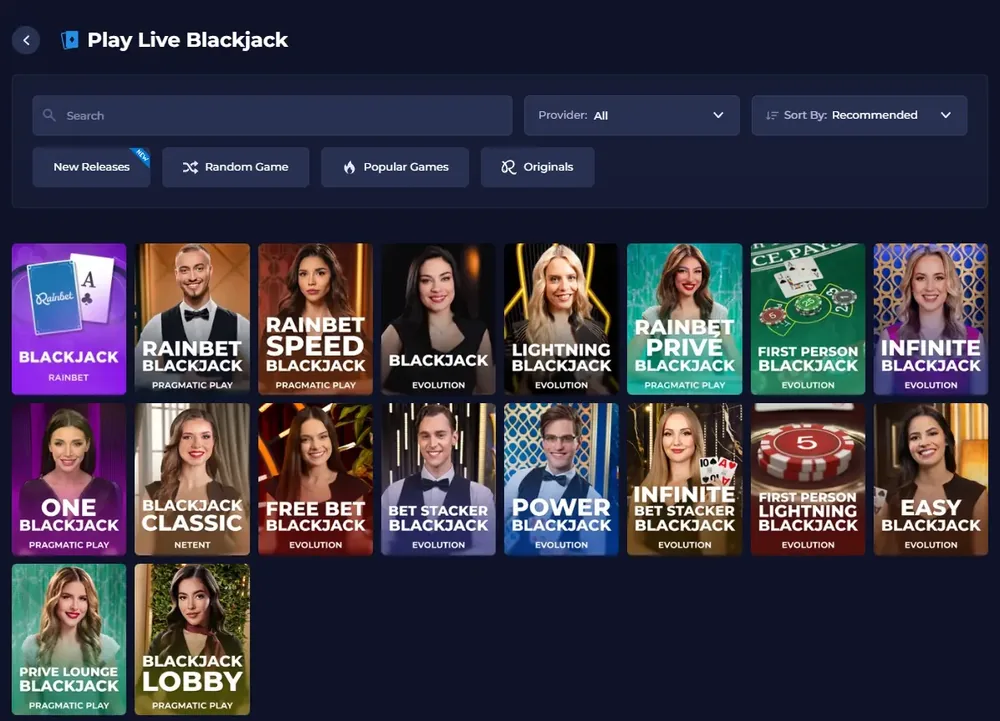 Rainbet blackjack lobby showing a grid of blackjack tables such as Blackjack, Speed Blackjack, Lightning Blackjack and Infinite Blackjack