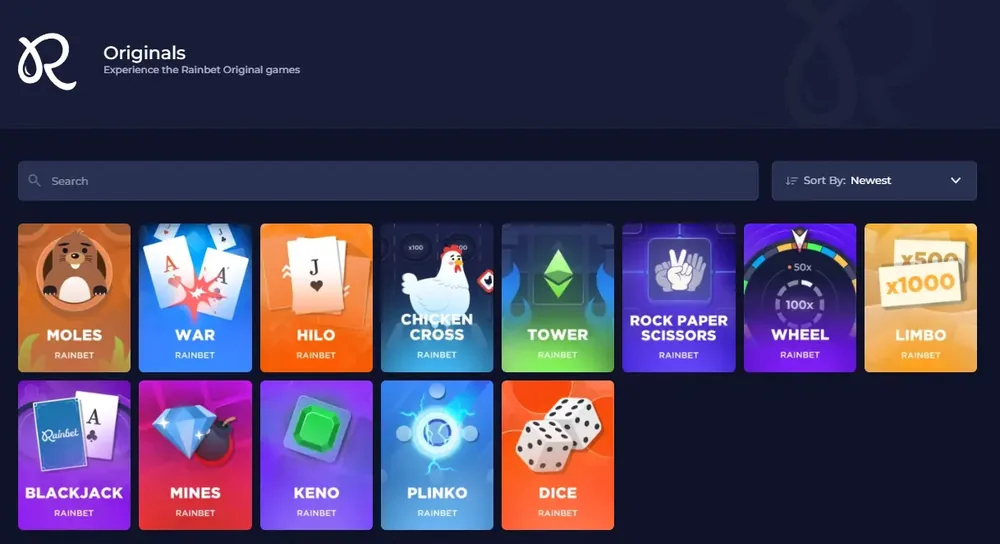 The Rainbet Originals lobby with in-house game tiles including Moles, War, Hilo, Chicken Cross, Tower, Wheel, Limbo, Blackjack, Mines, Keno, Plinko and Dice