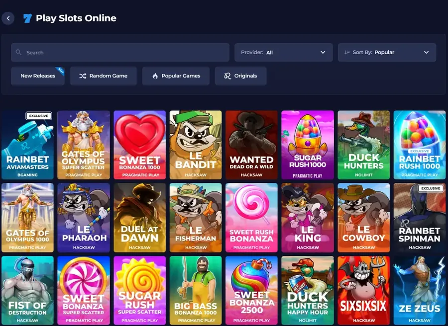 The Rainbet slots library showing third-party titles from studios such as Pragmatic Play, Hacksaw and Nolimit, with a provider filter and an Originals shortcut